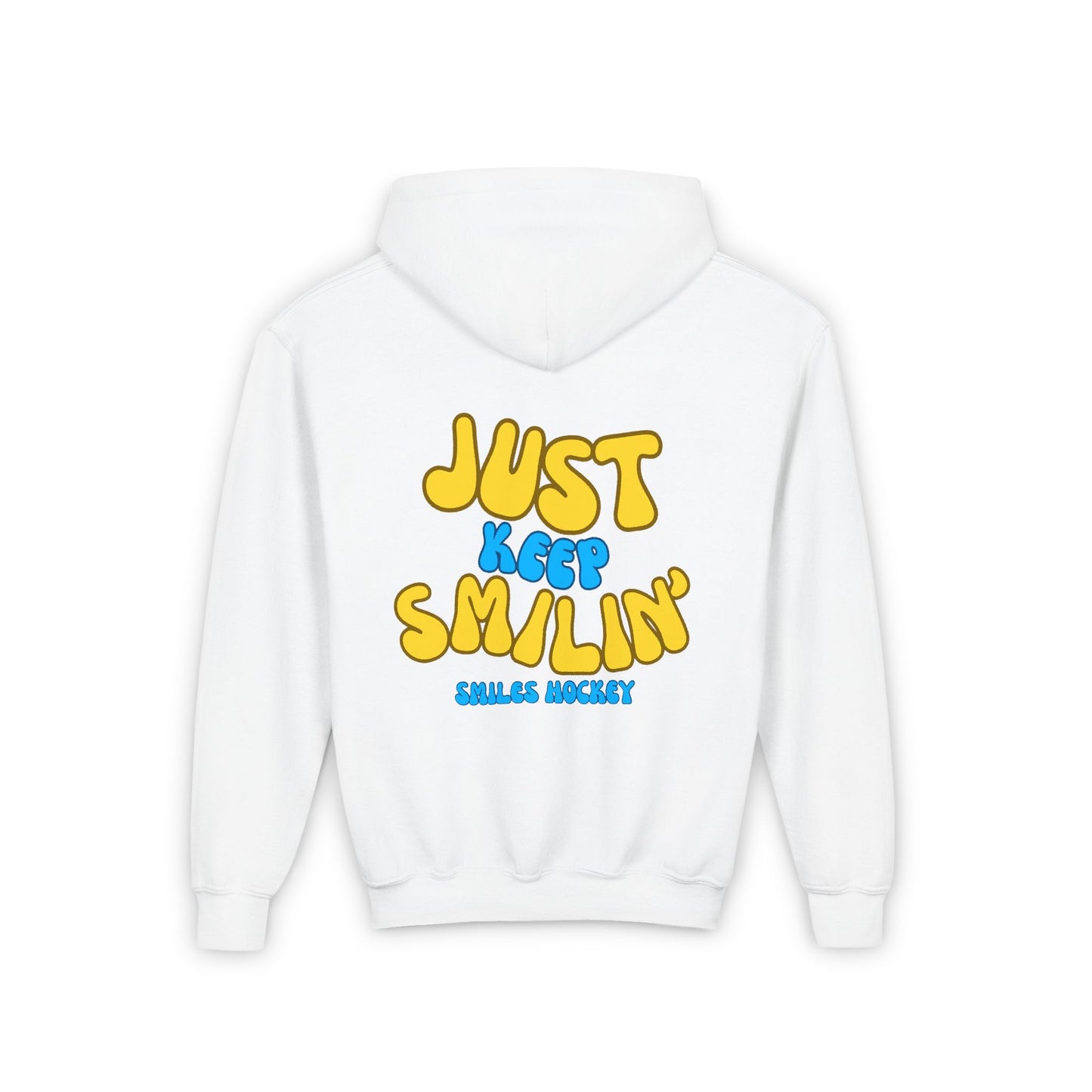 (5) Youth - Smiles Hockey Curvy Text Heavy Blend Hooded Sweatshirt