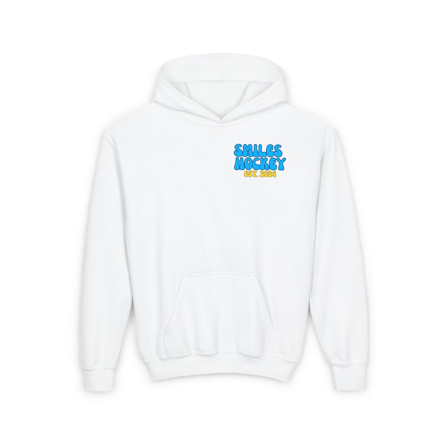 (5) Youth - Smiles Hockey Curvy Text Heavy Blend Hooded Sweatshirt