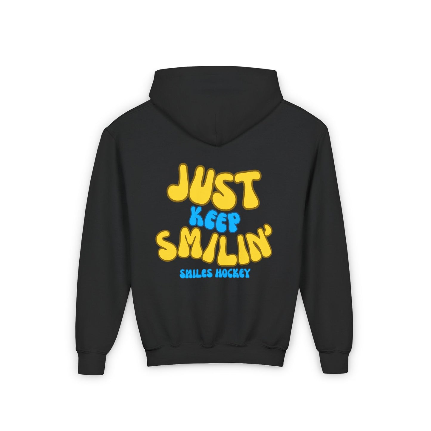 (5) Youth - Smiles Hockey Curvy Text Heavy Blend Hooded Sweatshirt
