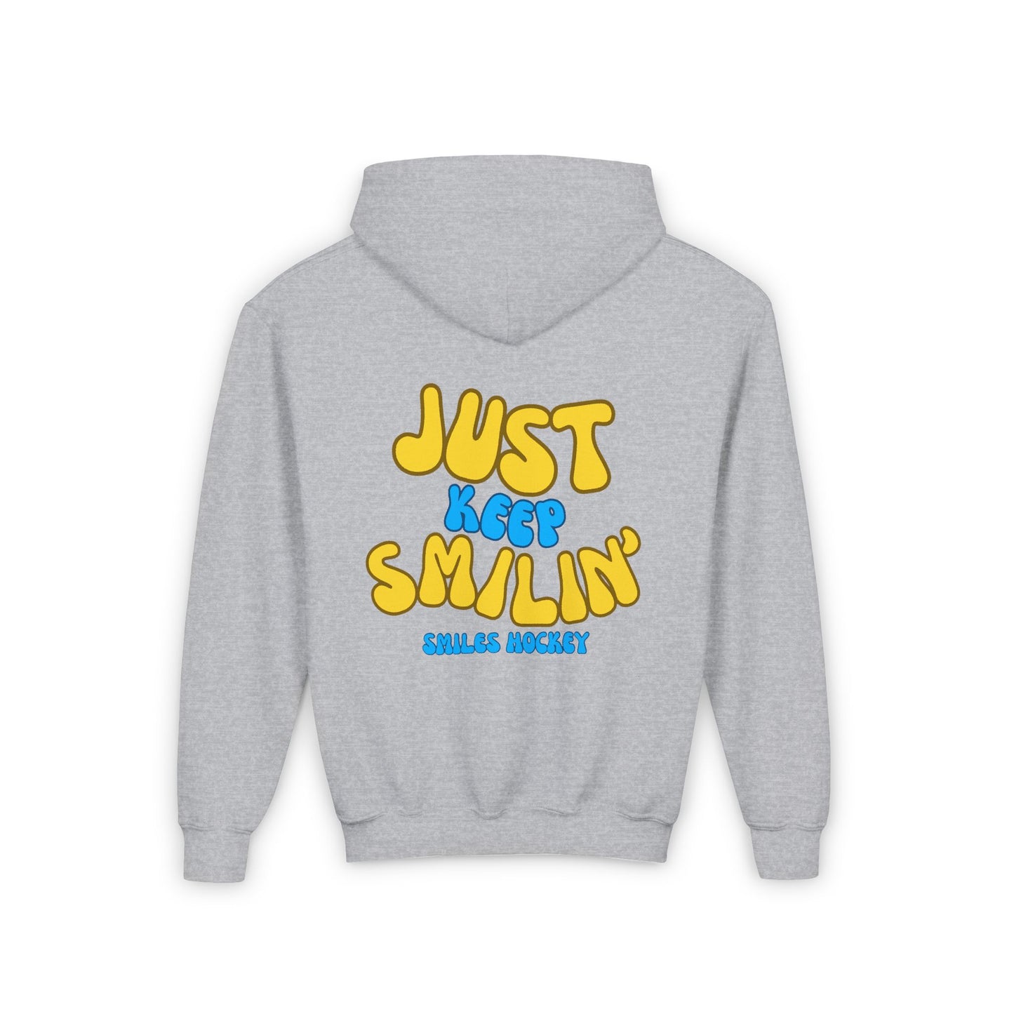 (5) Youth - Smiles Hockey Curvy Text Heavy Blend Hooded Sweatshirt
