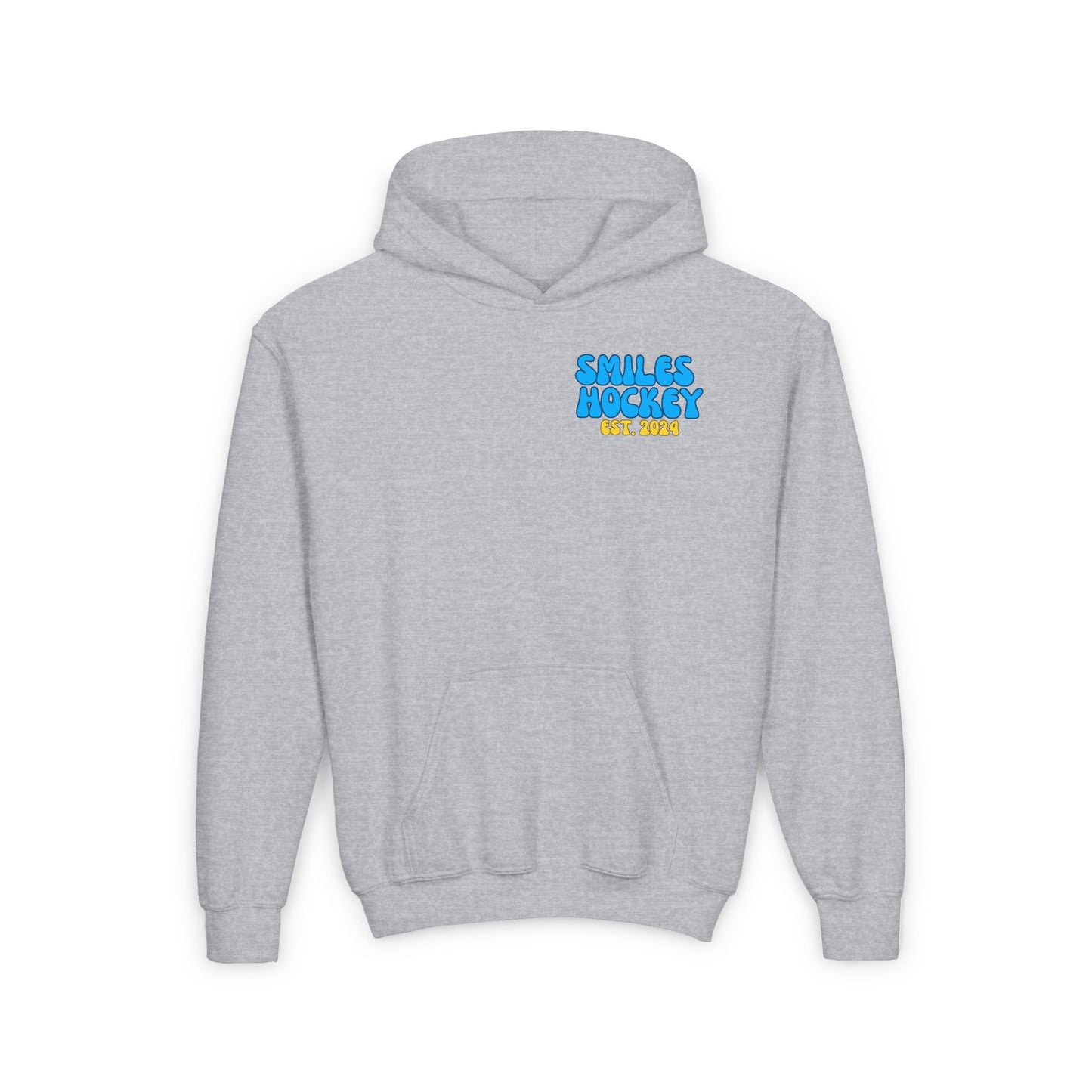 (5) Youth - Smiles Hockey Curvy Text Heavy Blend Hooded Sweatshirt