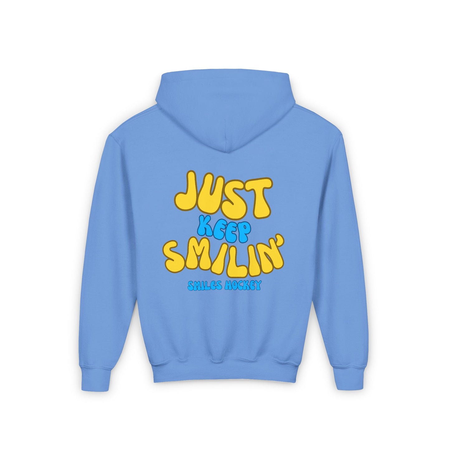 (5) Youth - Smiles Hockey Curvy Text Heavy Blend Hooded Sweatshirt