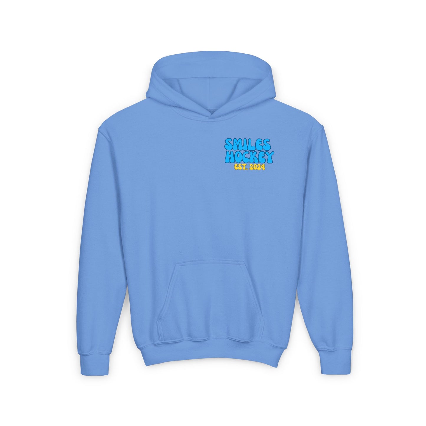 (5) Youth - Smiles Hockey Curvy Text Heavy Blend Hooded Sweatshirt