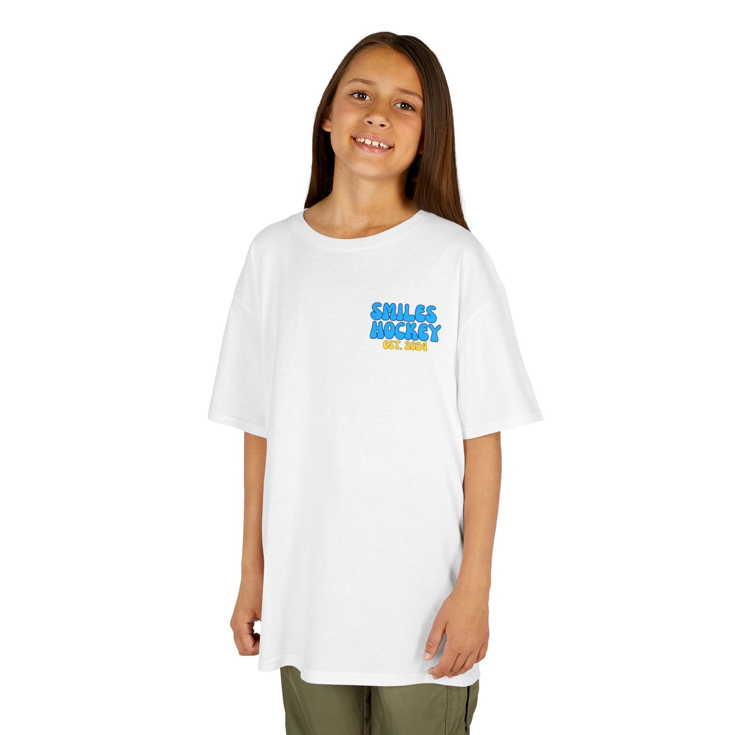 (5) Youth - Smiles Hockey Curvy Text Heavy Cotton™ Tee