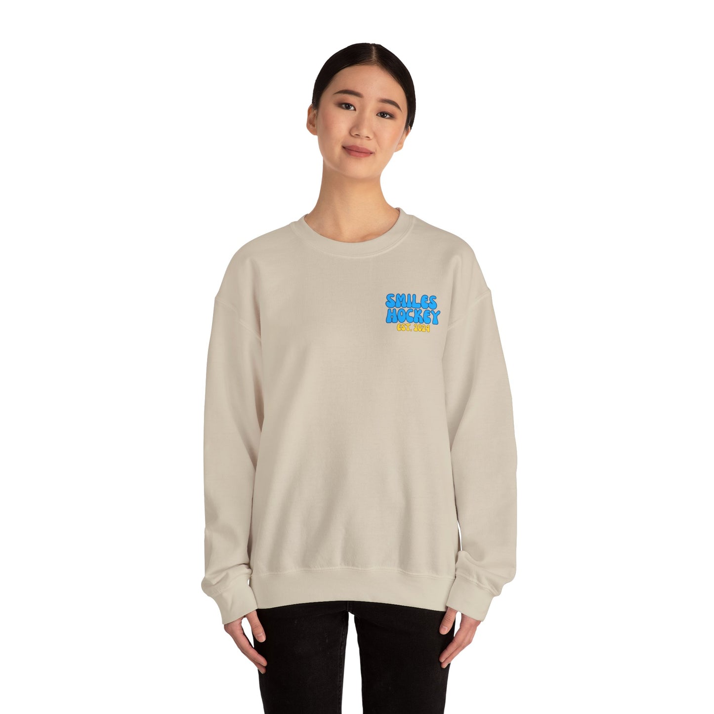 (1) Adult - Smiles Hockey Curvy Text Crewneck Sweatshirt