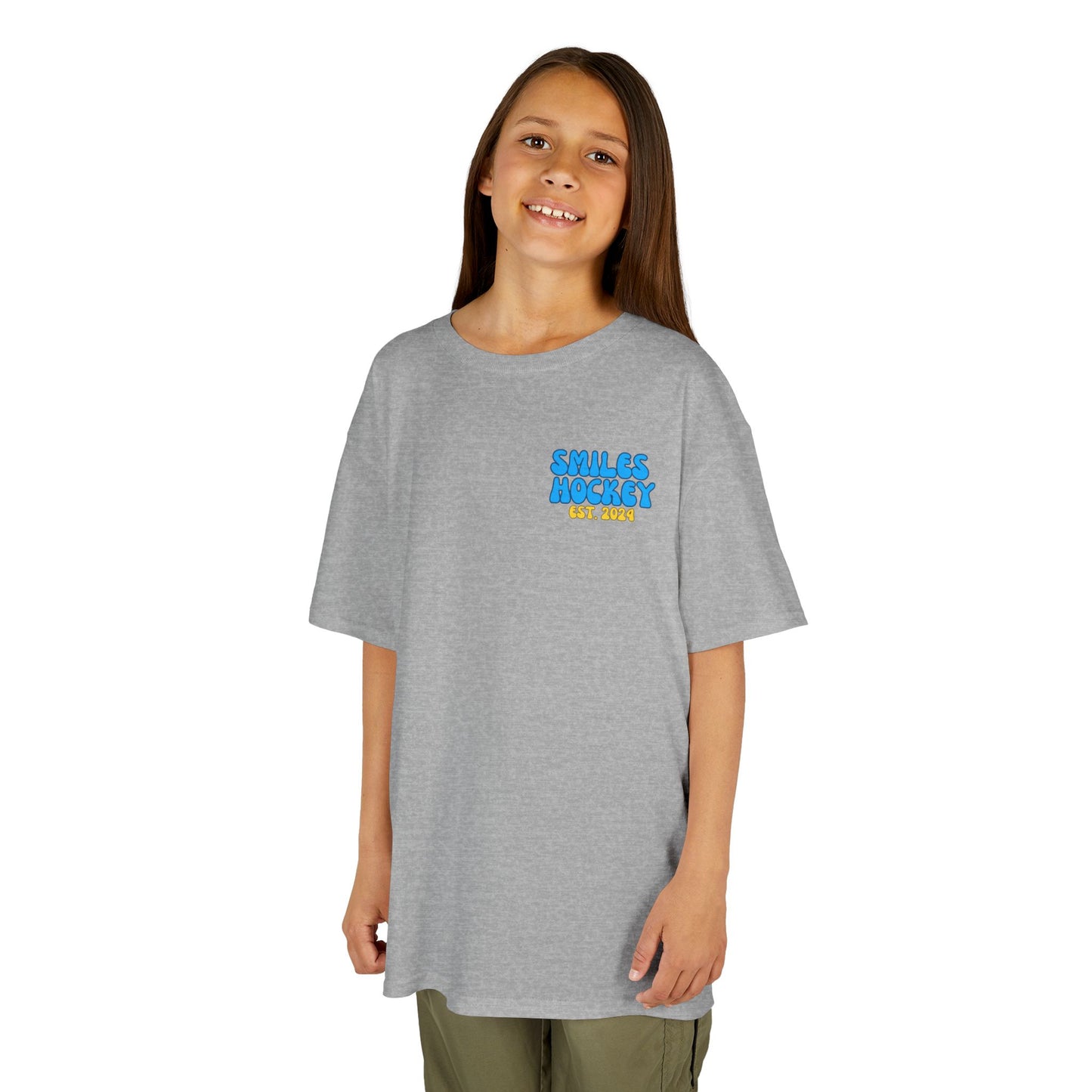 (5) Youth - Smiles Hockey Curvy Text Heavy Cotton™ Tee