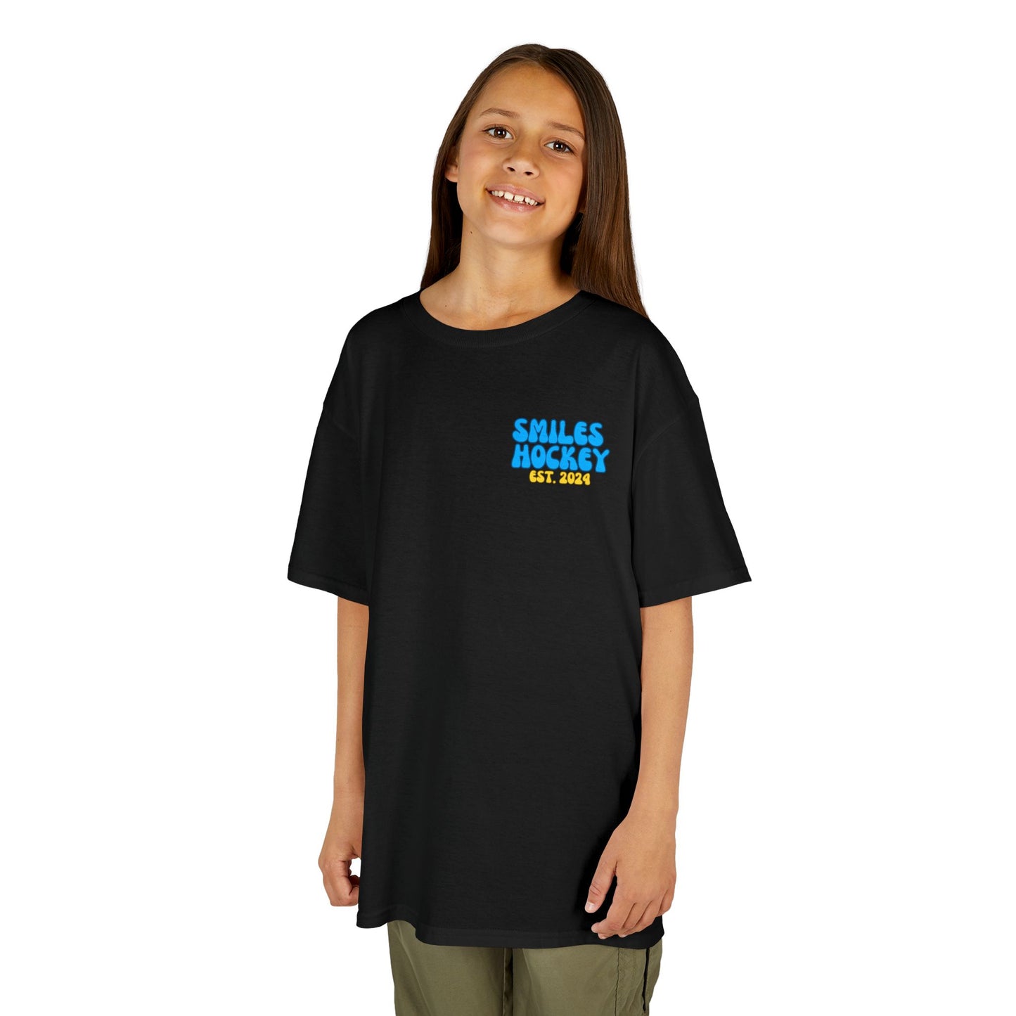 (5) Youth - Smiles Hockey Curvy Text Heavy Cotton™ Tee