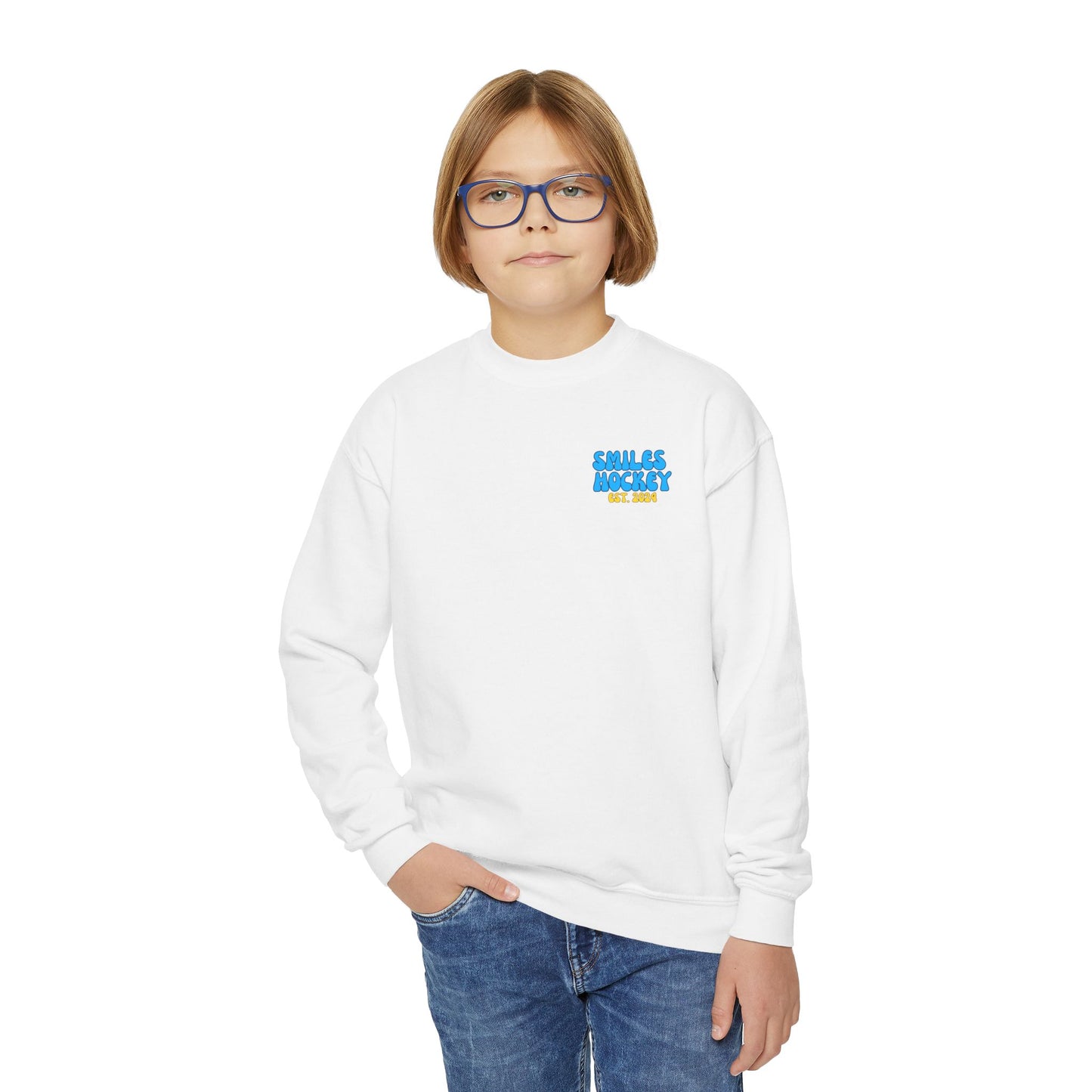 (6) Youth - Smiles Hockey Curvy Text Crewneck Sweatshirt