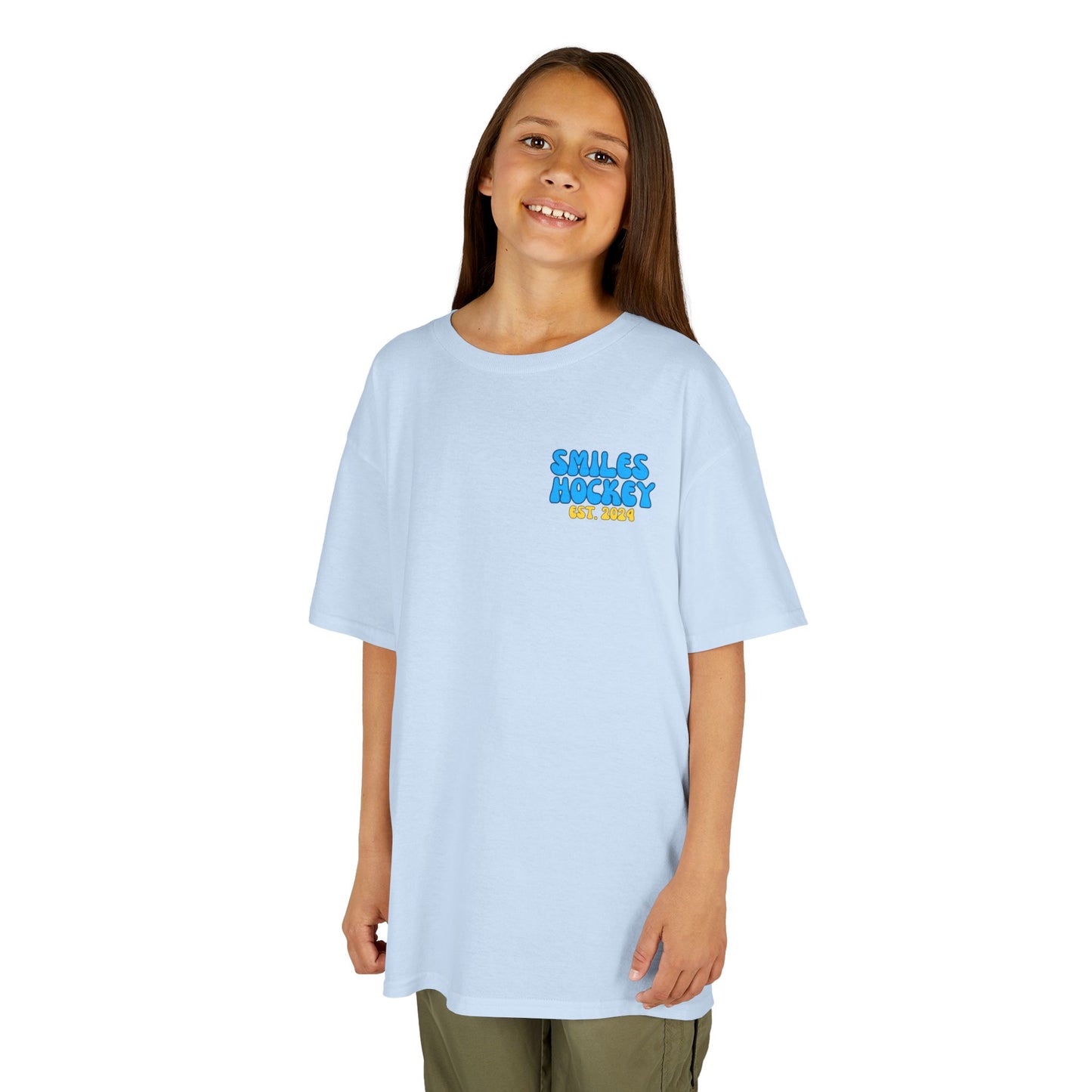 (5) Youth - Smiles Hockey Curvy Text Heavy Cotton™ Tee