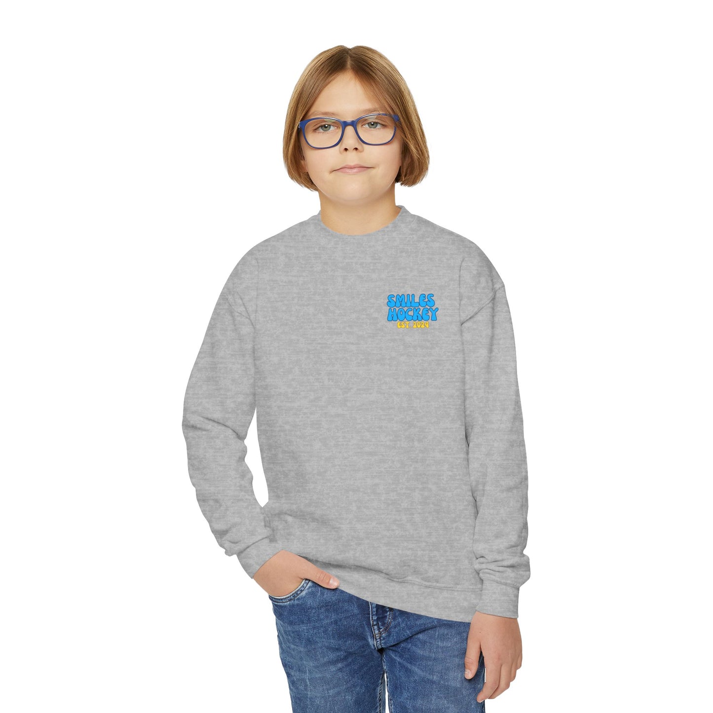 (6) Youth - Smiles Hockey Curvy Text Crewneck Sweatshirt