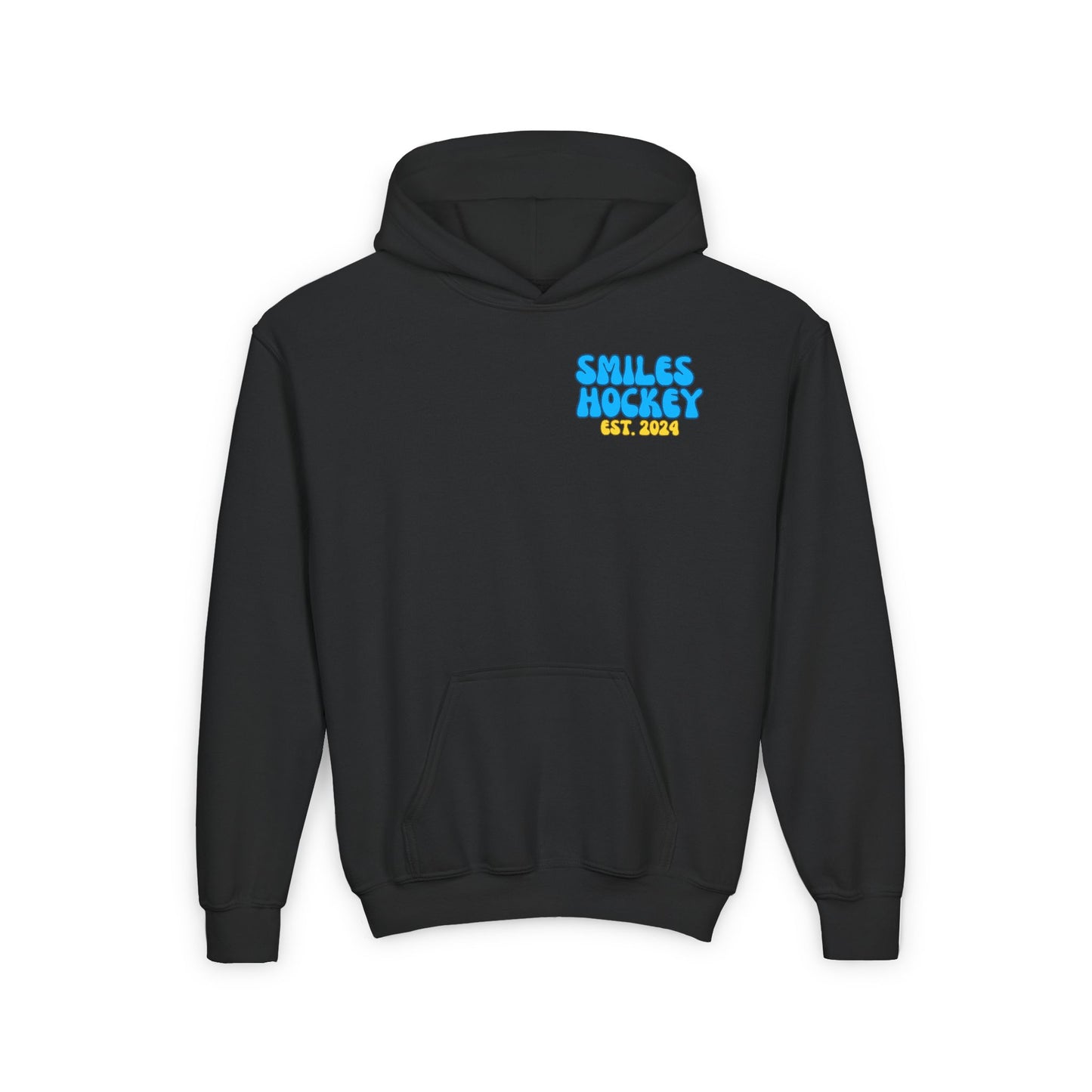 (6) Youth - Smiles Hockey Curvy Text Heavy Blend Hooded Sweatshirt