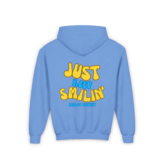 (6) Youth - Smiles Hockey Curvy Text Heavy Blend Hooded Sweatshirt