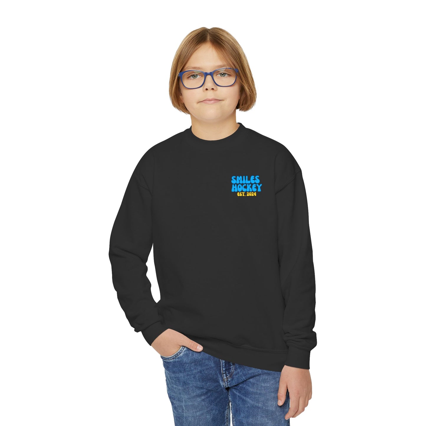 (6) Youth - Smiles Hockey Curvy Text Crewneck Sweatshirt